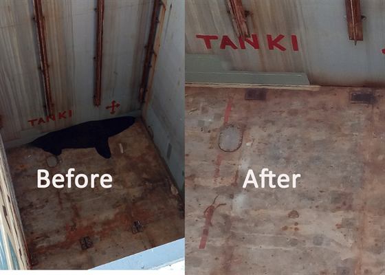 Before and after: cargo hold floor with a large spill, cleaned out