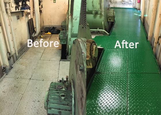 Before and after: oily engine room floor plates, cleaned and repainted green