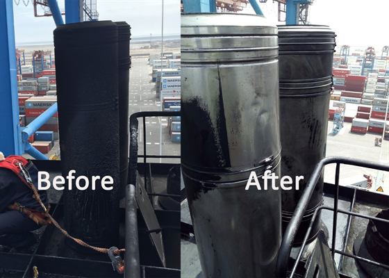 Before and after: soot-covered exhaust pipes in the funnel, cleaned back to bare metal