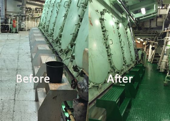 Before and after: engine room walkway beside the scavenge doors, cleaned and the floor plates repainted green