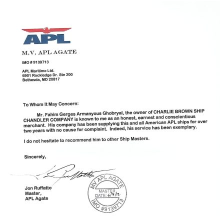 Recommendation letter from the master of M.V. APL Agate