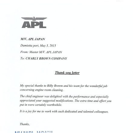 Thank-you letter from the master of M/V APL Japan