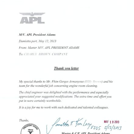 Thank-you letter from the master of M/V APL President Adams
