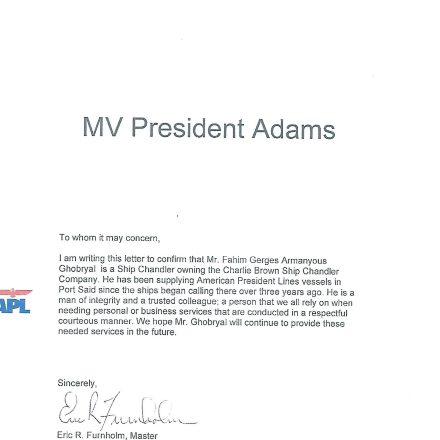 Recommendation letter from the master of MV President Adams