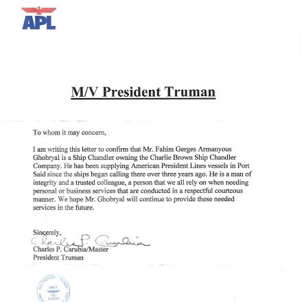 Recommendation letter from the master of M/V President Truman