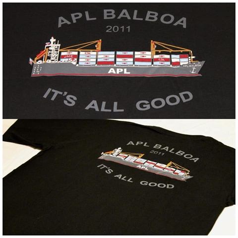 Black T-shirt printed with the APL Balboa container ship, 2011, It's All Good